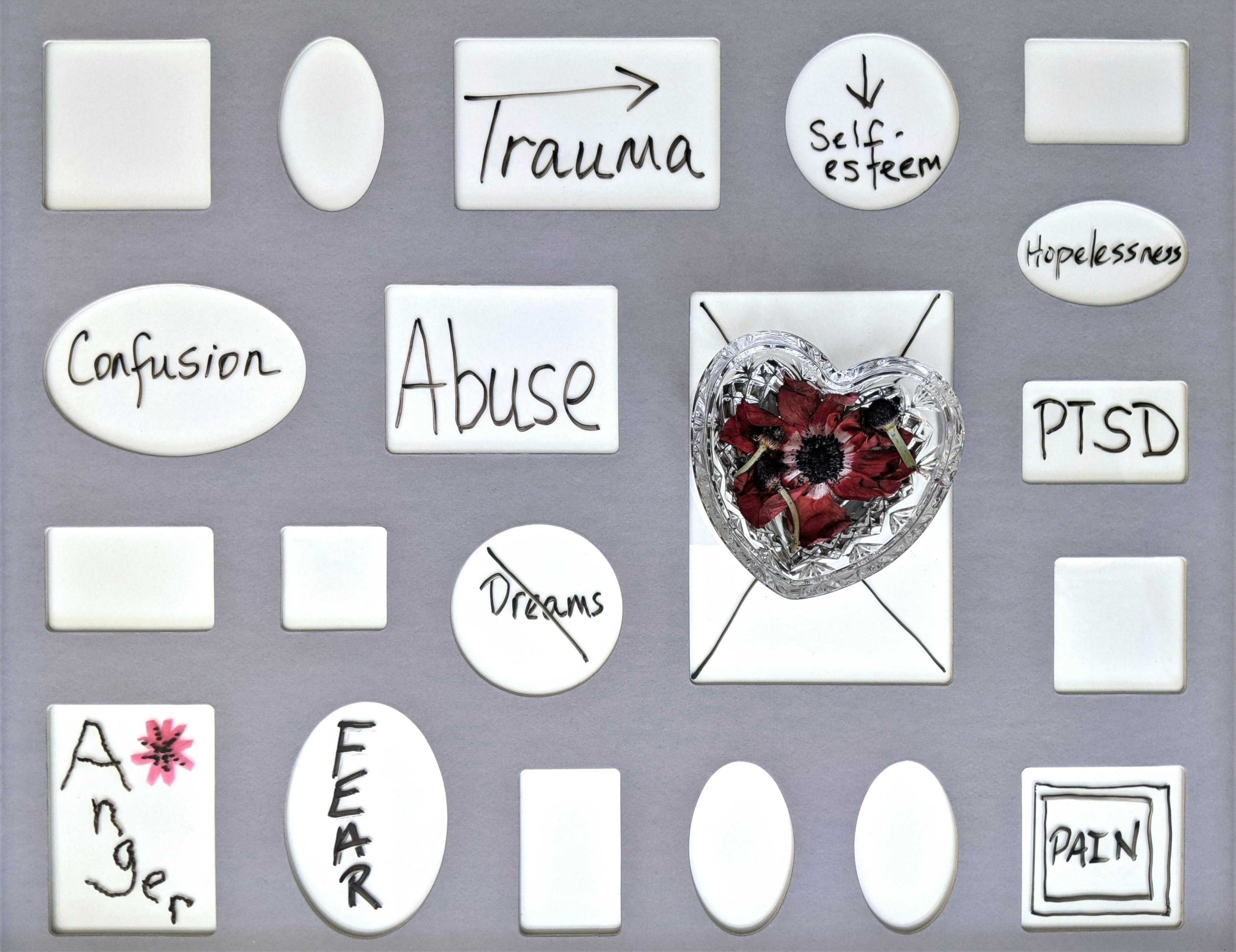 Ceramic tiles with words like Trauma, Abuse, Fear, PTSD, Pain representing complex trauma
